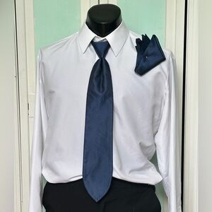 Navy Dark Blue Tie Wedding Prom Tuxedo Herringbone Pre Tied clip Pocket Square